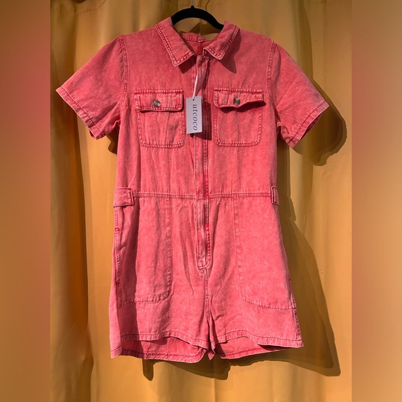 Pink Denim Zip Up Utility Shorts Jumpsuit - Picture 5 of 7